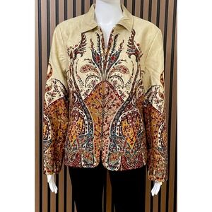 Coldwater Creek Women's L Brown Cotton Zip Up Jacket Paisley Boho Vintage Retro